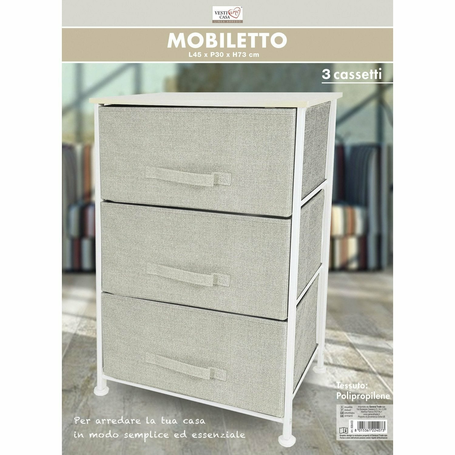 VESTIAMO CASA - Mobiletto Multiuso con 3 Cassetti in Tessuto Beige - h73x45x30 cm